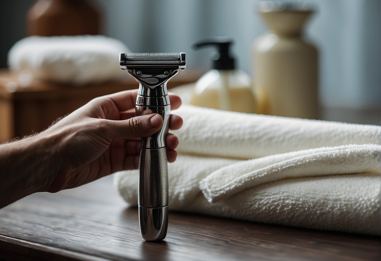 A man's hand holding a razor with a protective cover, surrounded by luxurious shaving cream and a soft towel