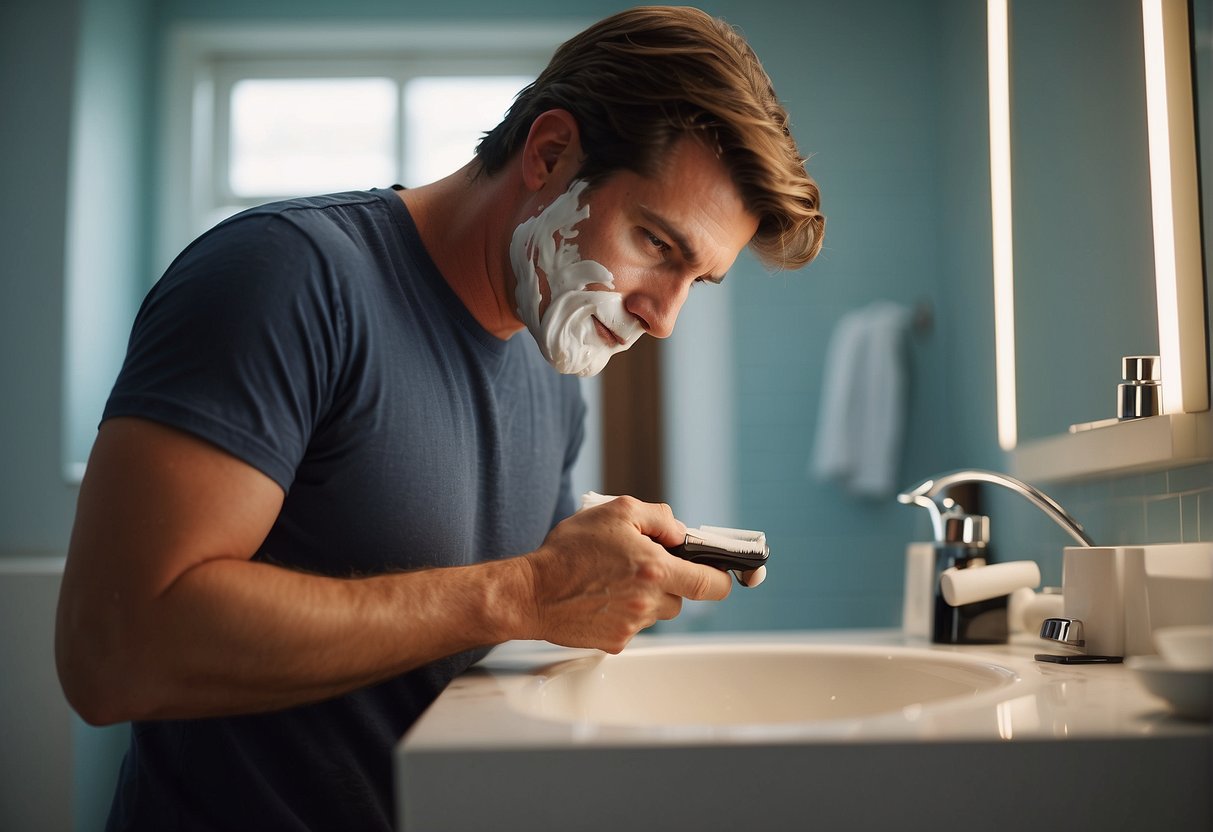 A man using and caring for a razor, with shaving cream and aftershave on a bathroom counter