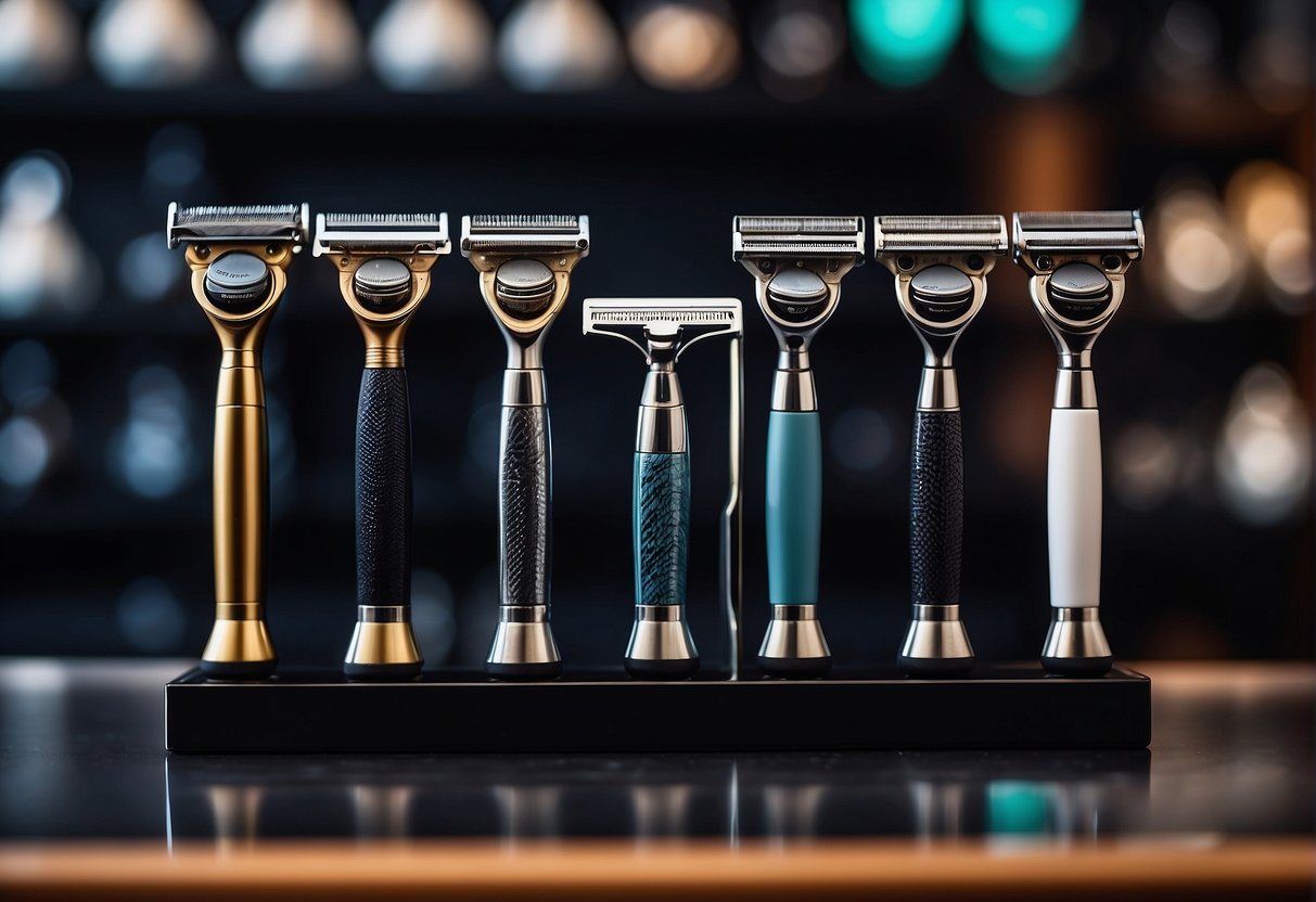 Different types of razors for men. Show various styles and designs of razors on a display stand. Use bold colors and clean lines