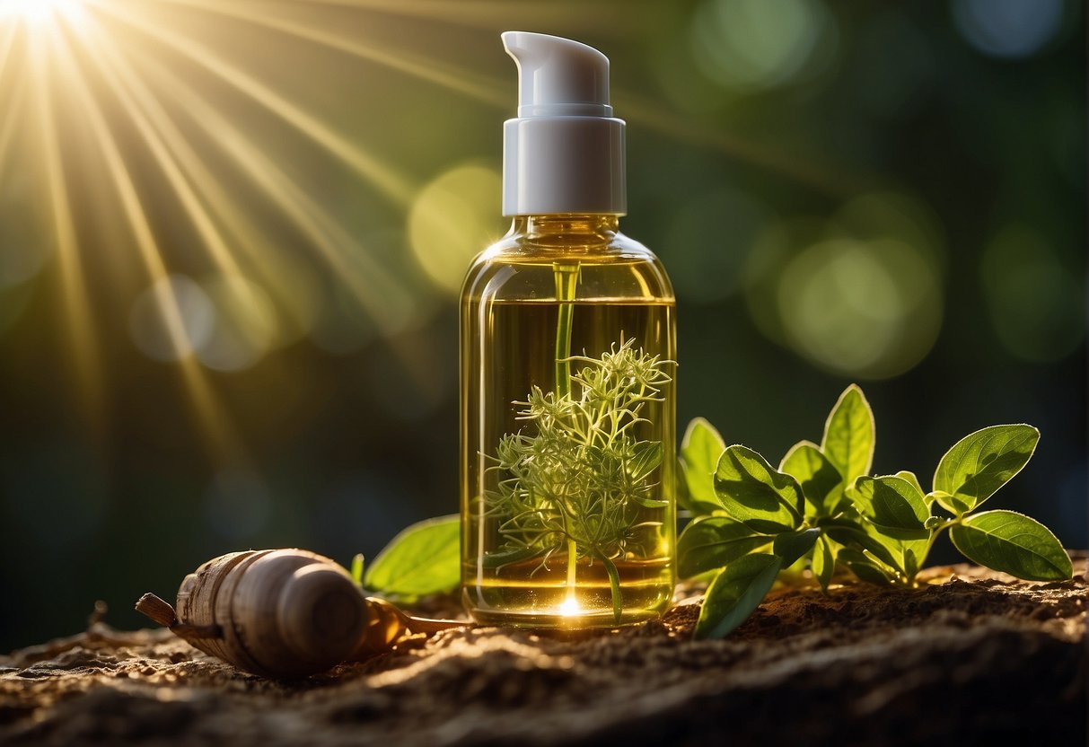 A bottle of hair growth serum surrounded by natural ingredients like herbs and oils, with a beam of sunlight shining on it