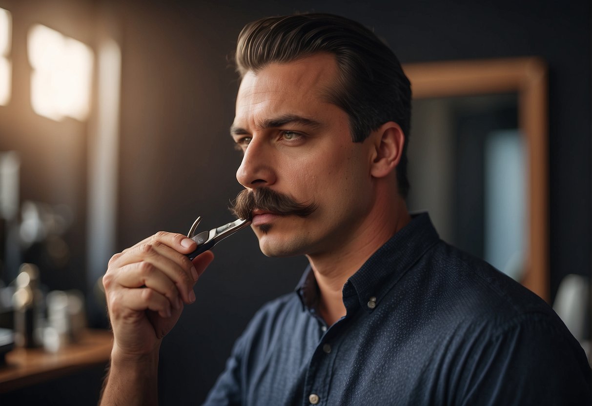 A man with a thick mustache speaks confidently, emphasizing his words with hand gestures. His facial hair is neatly groomed and adds to his air of authority