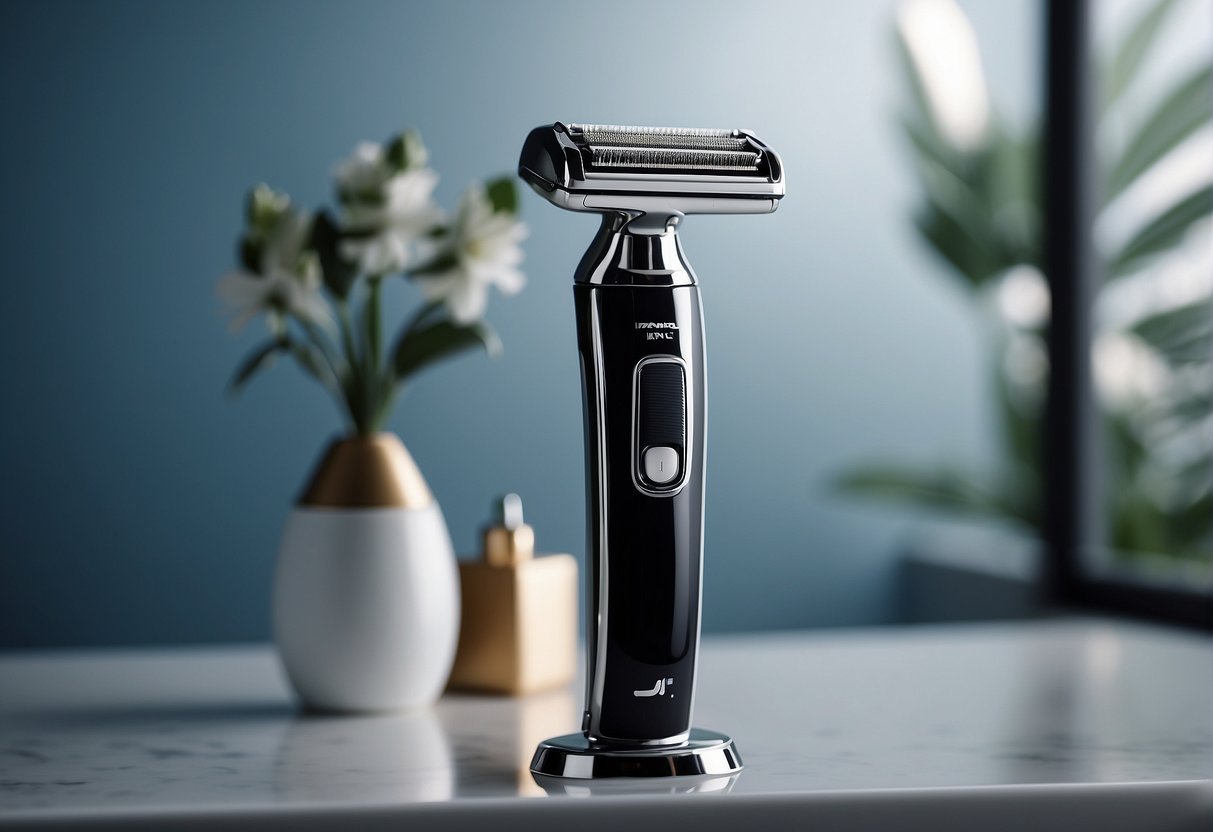 A sleek electric razor sits on a clean, white countertop, surrounded by a few scattered droplets of water. The razor's metallic surface gleams under the soft bathroom light