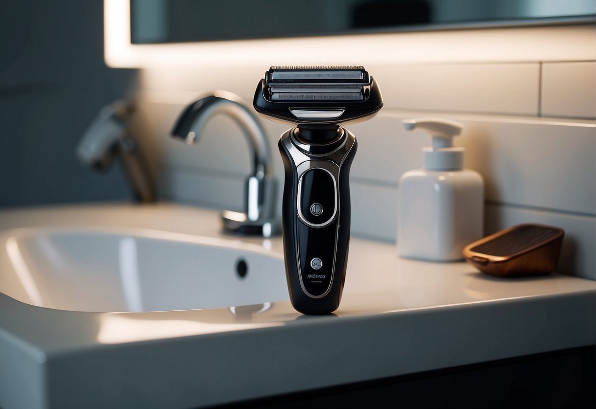 A sleek electric razor sits on a clean, modern bathroom countertop. The soft glow of the overhead light highlights its ergonomic design and protective features