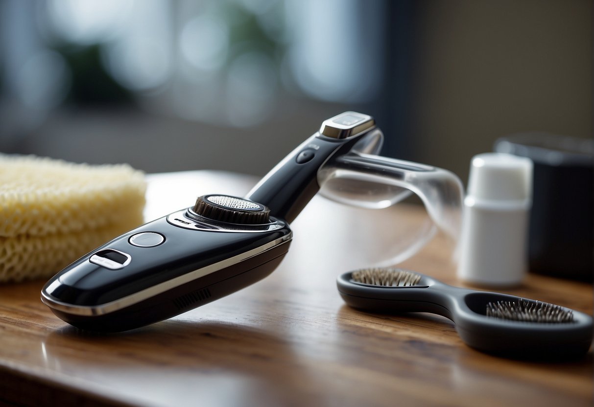 An electric razor being cleaned and maintained with oil and a brush on a clean, flat surface