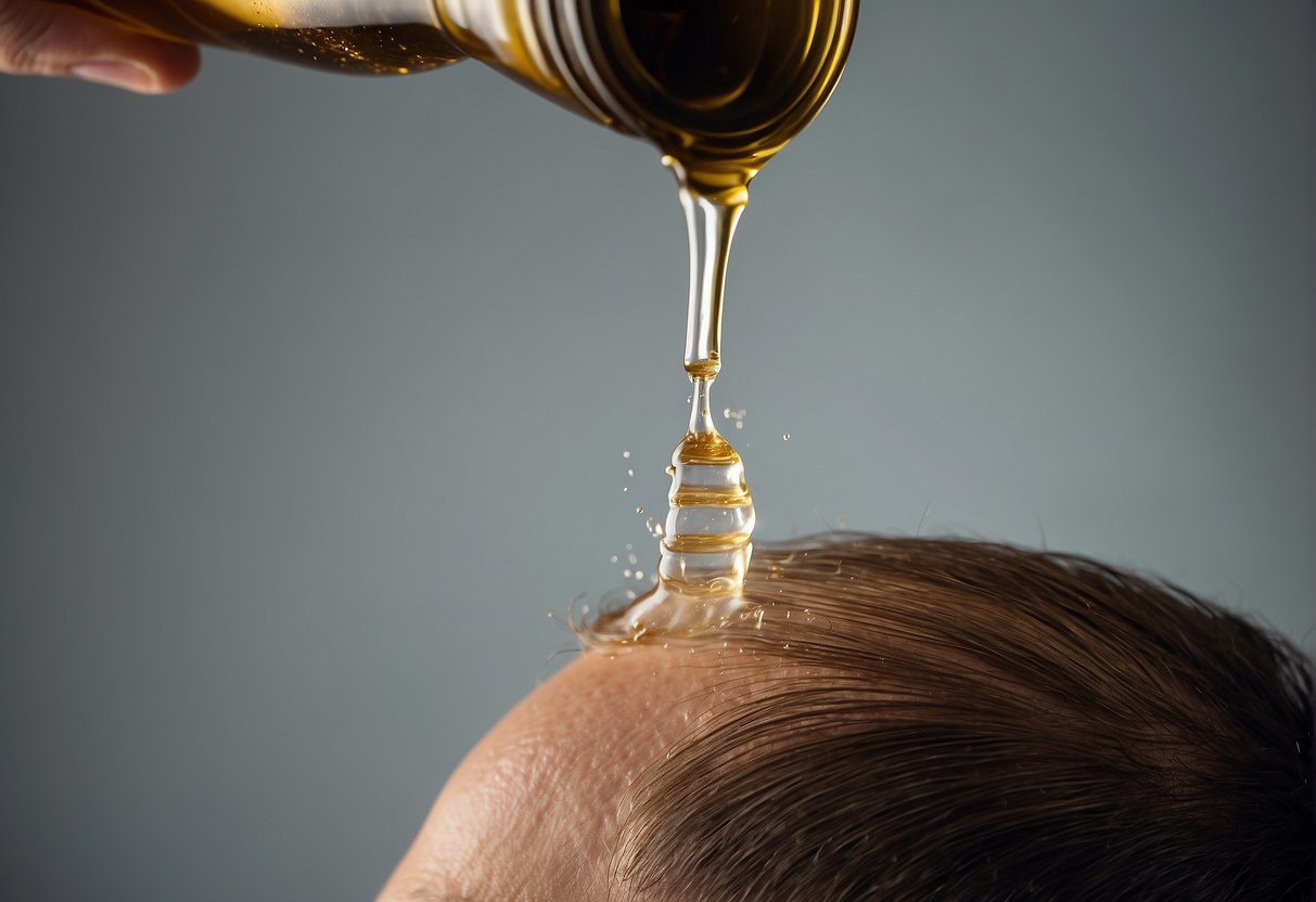 A bottle of Schütthaar being poured onto a balding scalp, with small fibers cascading down and adhering to the hair follicles