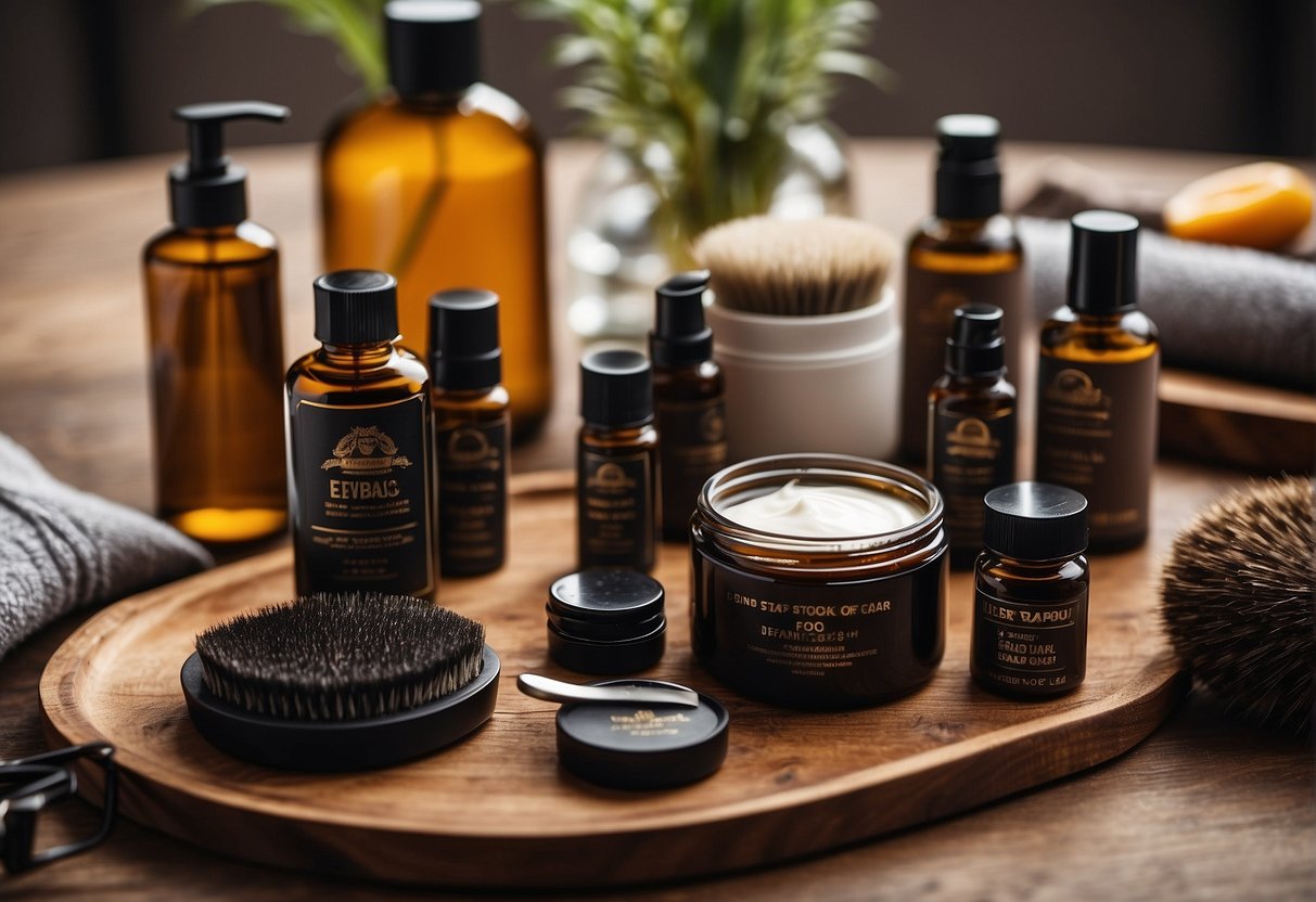 A table with various beard care products neatly arranged. A comb, scissors, oils, and balms are displayed alongside a brush and a towel