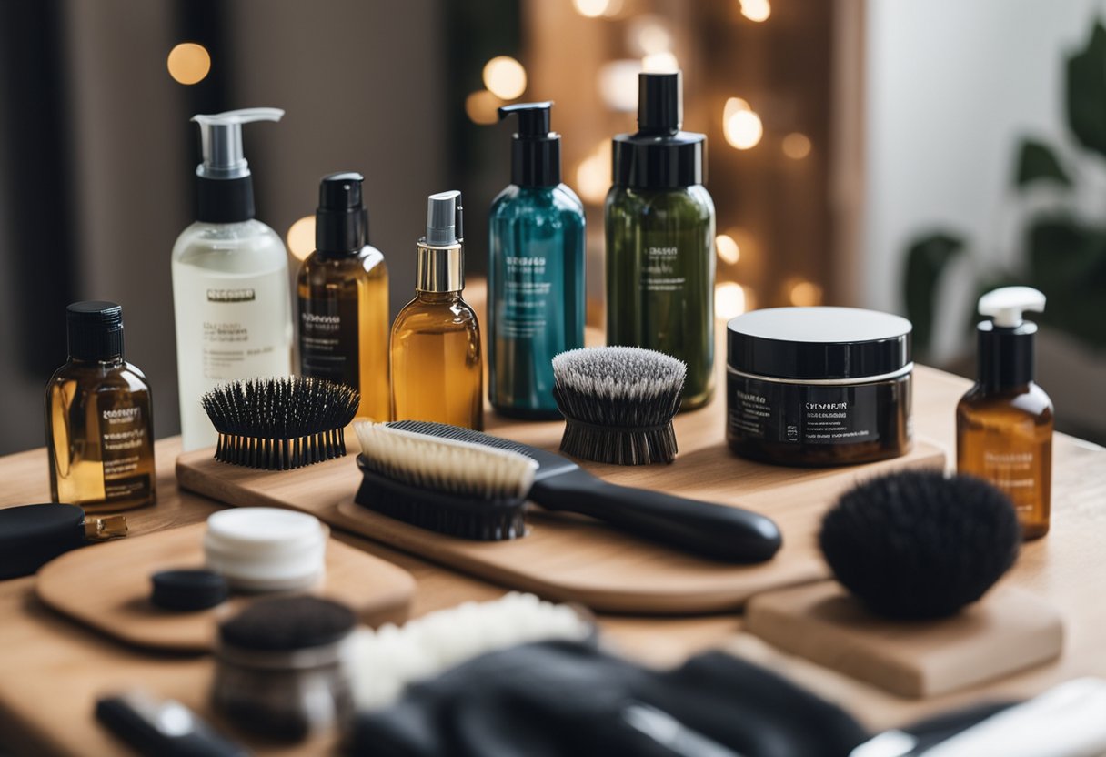 A table with various grooming products: brushes, combs, scissors, and bottles of shampoo and conditioner. A mirror reflects the items