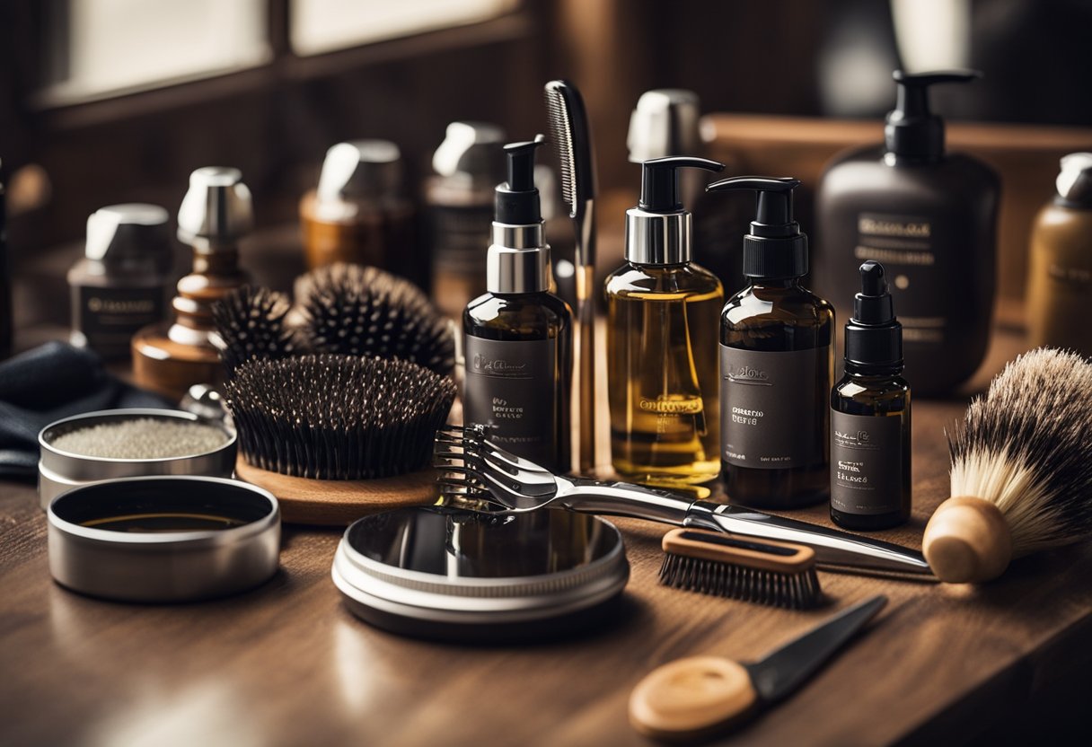 A table with various beard grooming products: oils, combs, scissors, and brushes. A mirror reflects the items, creating a setup for a daily beard care routine