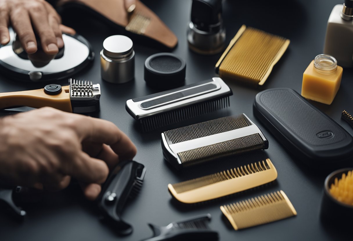 A man's hand holding a trimmer and comb, with various beard grooming products and tools scattered on a table