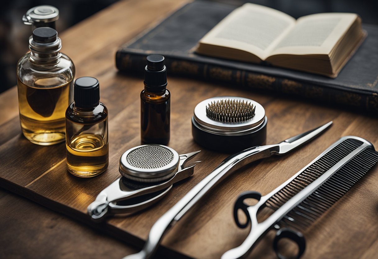 A table with various beard grooming tools and products laid out, including a comb, scissors, beard oil, and a razor. A mirror reflects the items, and a towel is draped over the edge of the table