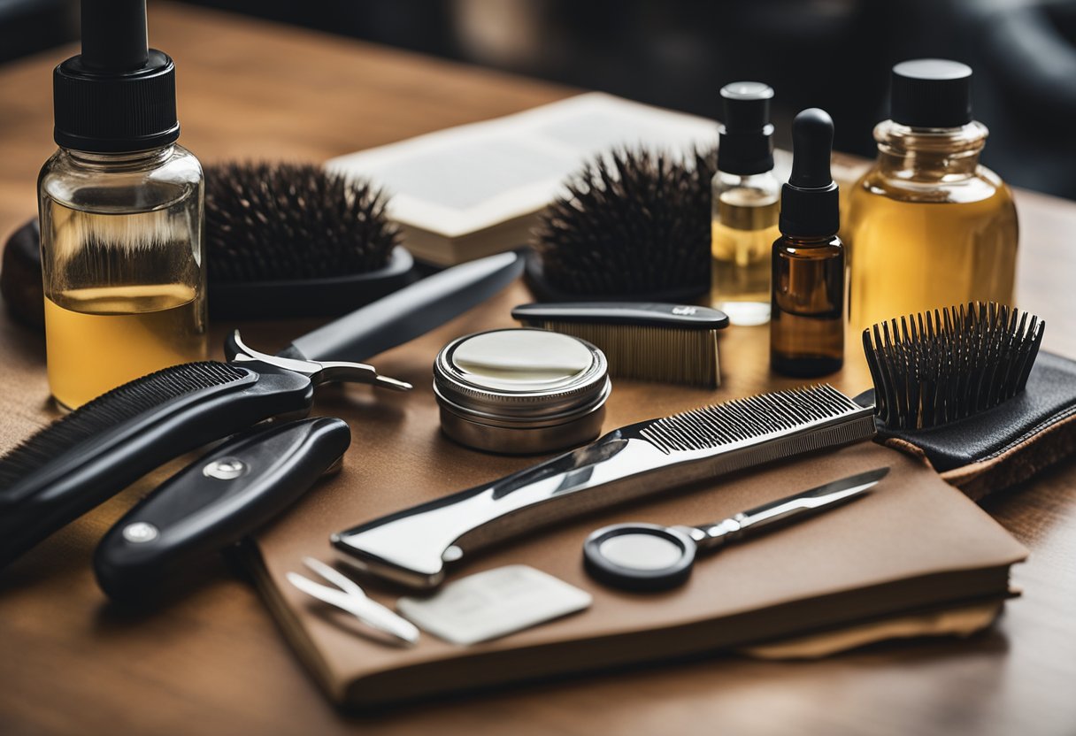 A table with various beard grooming products and tools, including combs, oils, and scissors. A mirror reflects the items, with a book open to a page titled "Common Problems and Solutions for Beginner Beard Care."