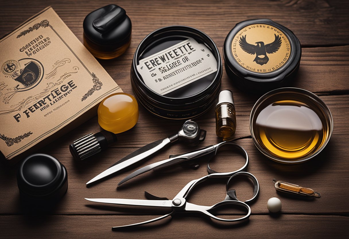 A manly grooming kit with beard oil, comb, and scissors on a wooden table. A guidebook titled "Erweiterte Pflegetipps Bartpflege für Anfänger" lies open next to the items