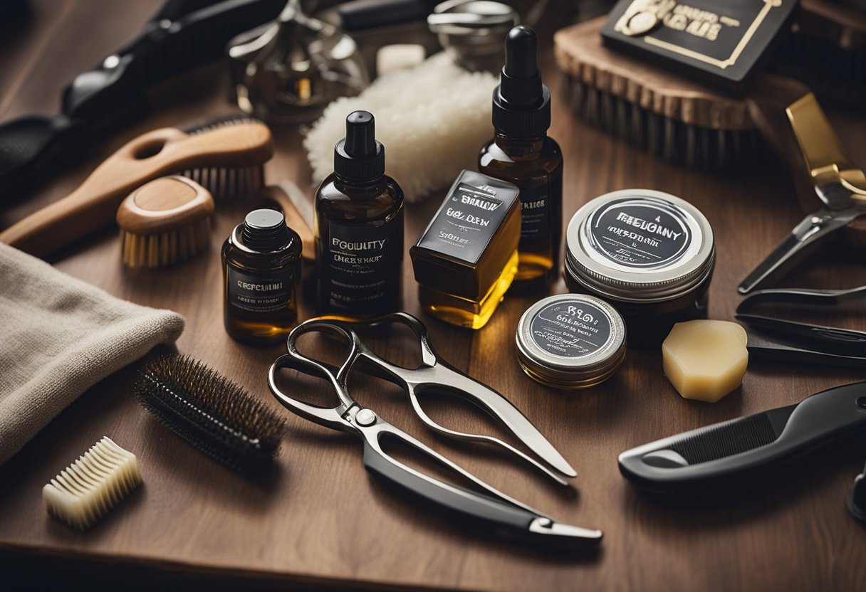 A table with various grooming products for beards, including oils, combs, and scissors, with a "Frequently Asked Questions" sign in the background