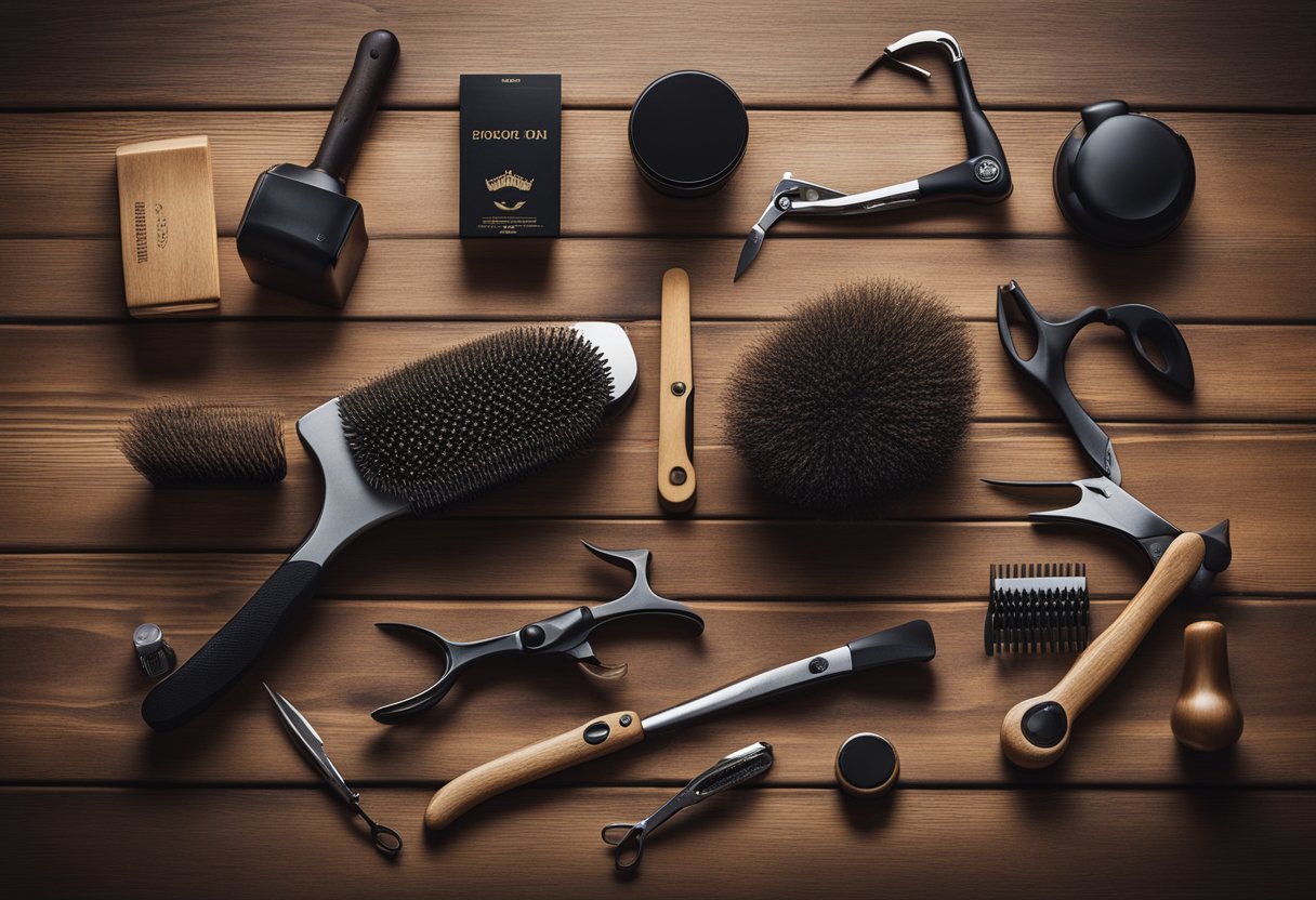 A variety of beard shapes and grooming tools displayed on a wooden table