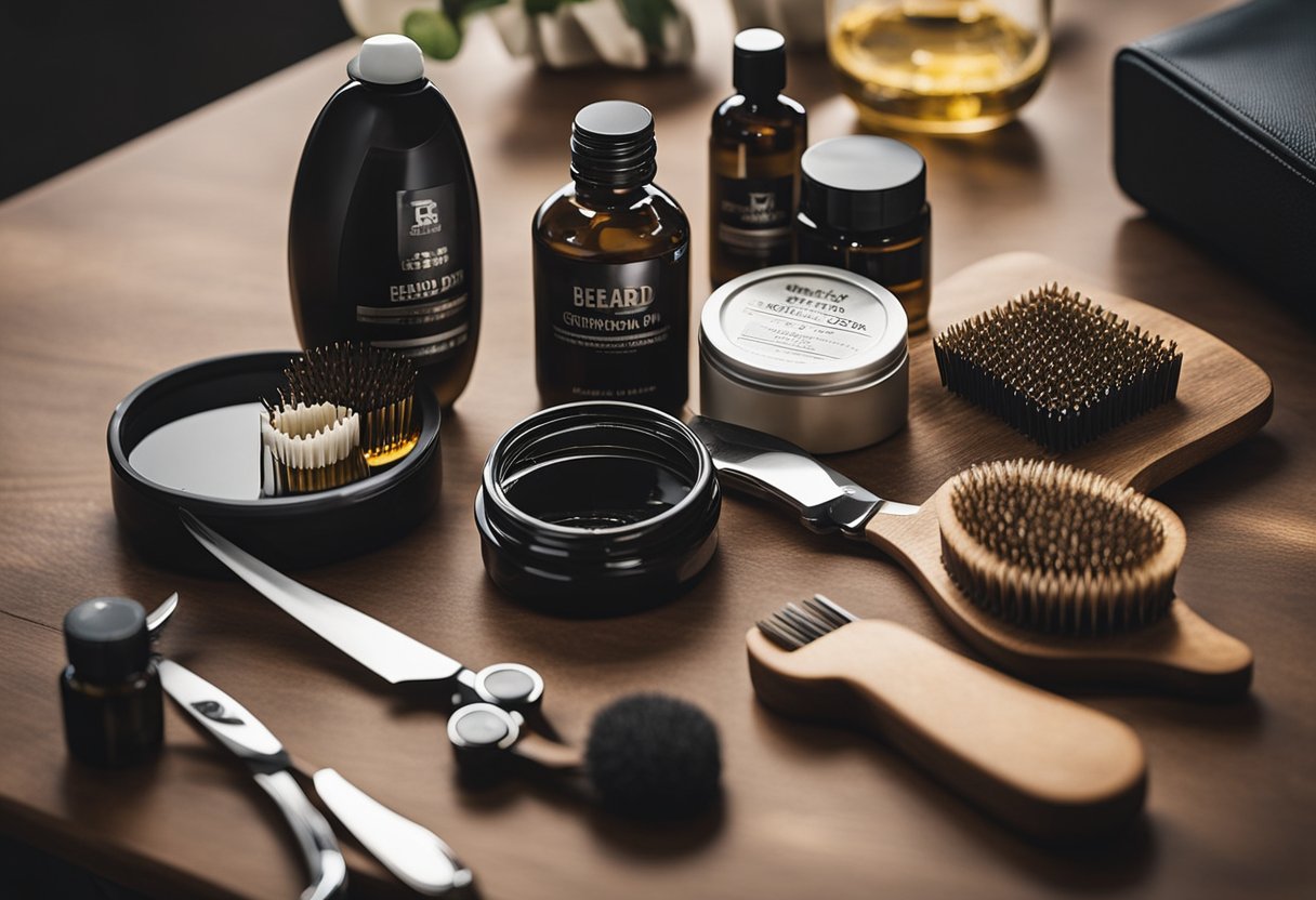 A table with various grooming products for beard care, including oils, combs, and scissors. A beginner's guide to beard care is open on the table