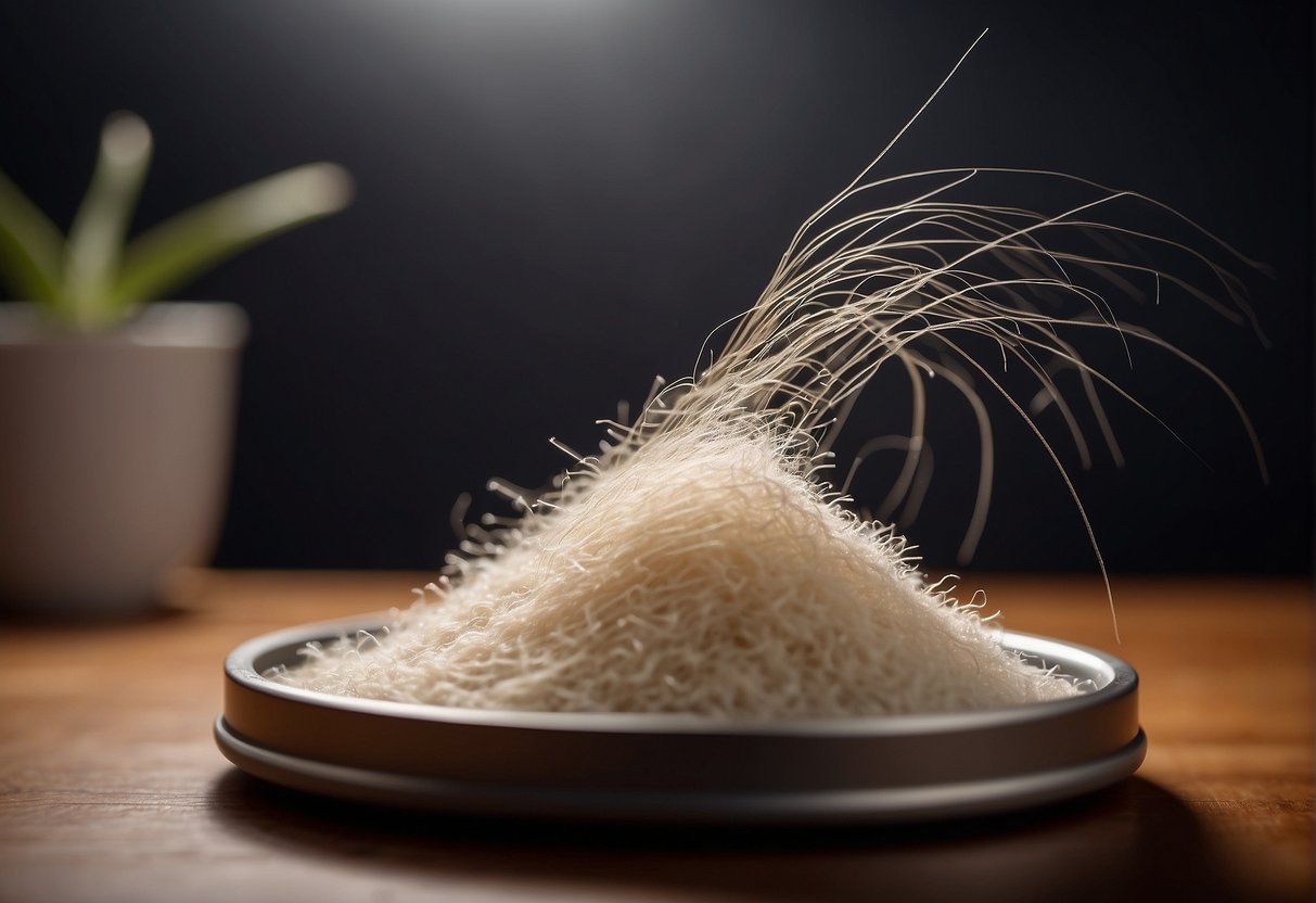 A pile of loose hair fibers pouring out of a container, forming a small mound on a flat surface