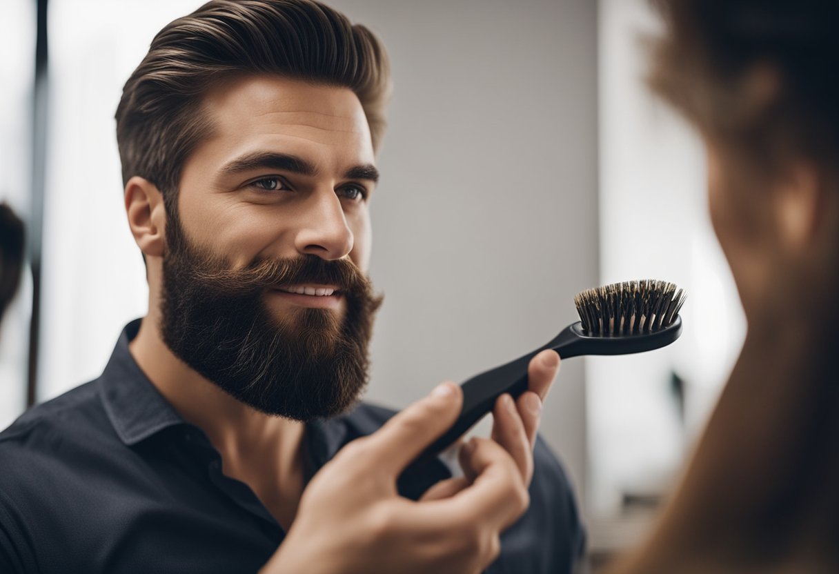 A well-groomed beard being brushed and styled with precision, showcasing the importance of a quality beard brush in basic beard care