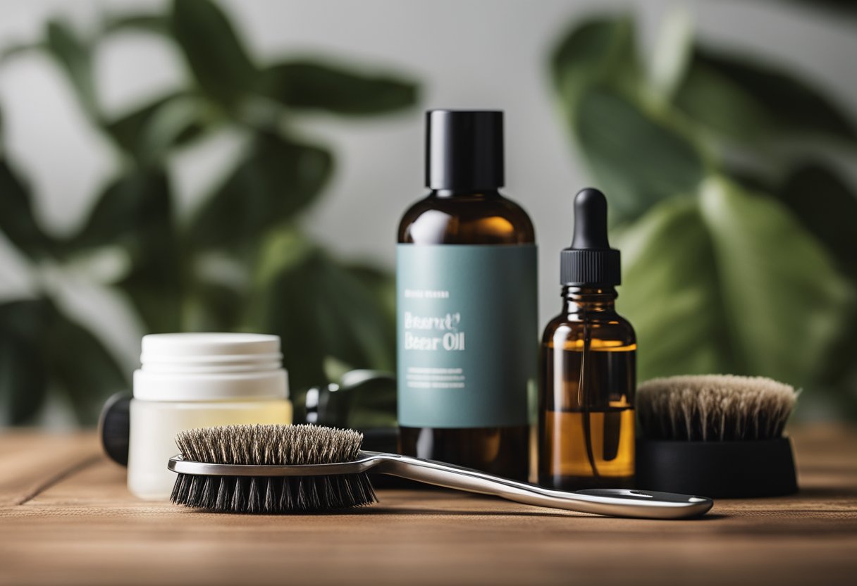 A man's grooming station with a variety of beard care products, including a high-quality beard brush, neatly organized on a wooden countertop