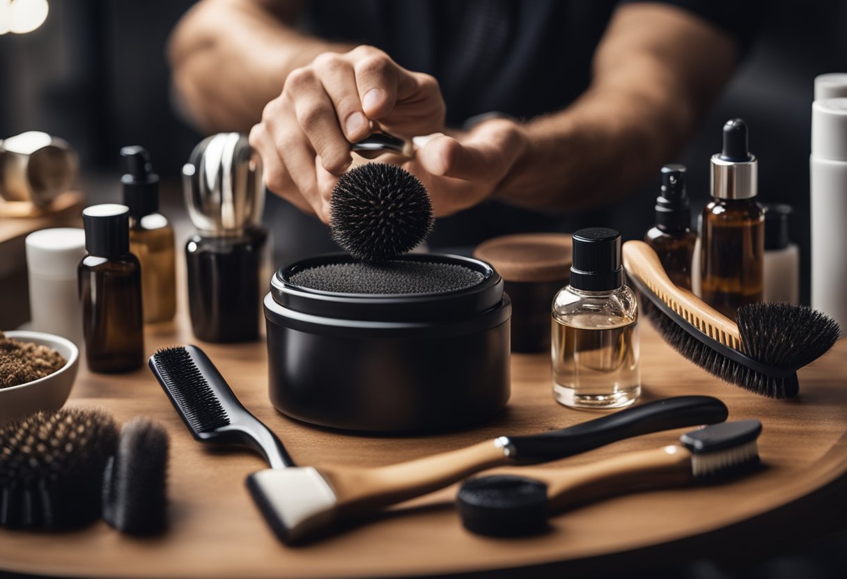 A well-groomed beard with a luxurious shine, being brushed by a high-quality beard brush, surrounded by various grooming products