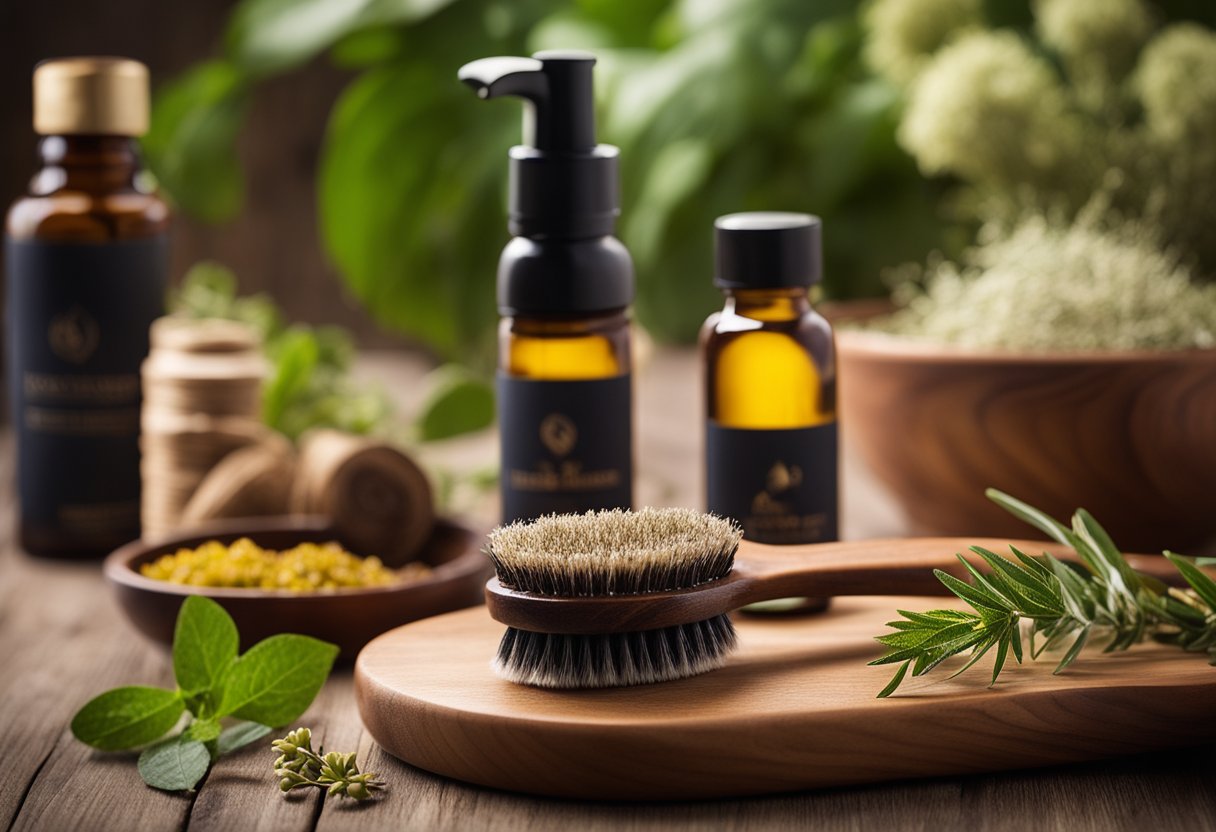 A wooden beard brush surrounded by natural ingredients like oils and herbs, emphasizing its essential role in beard care