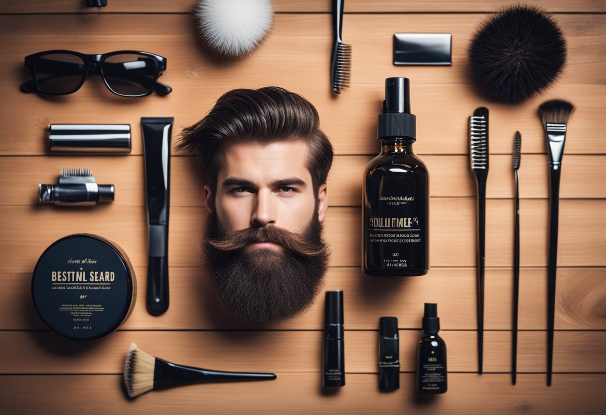 A well-groomed beard with a variety of brushes and grooming products scattered on a wooden table