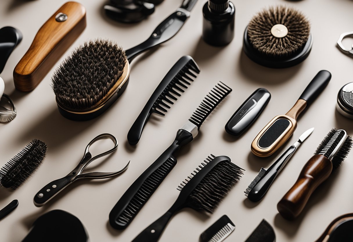 A variety of beard types displayed with essential beard care tools, emphasizing the importance of a quality beard brush