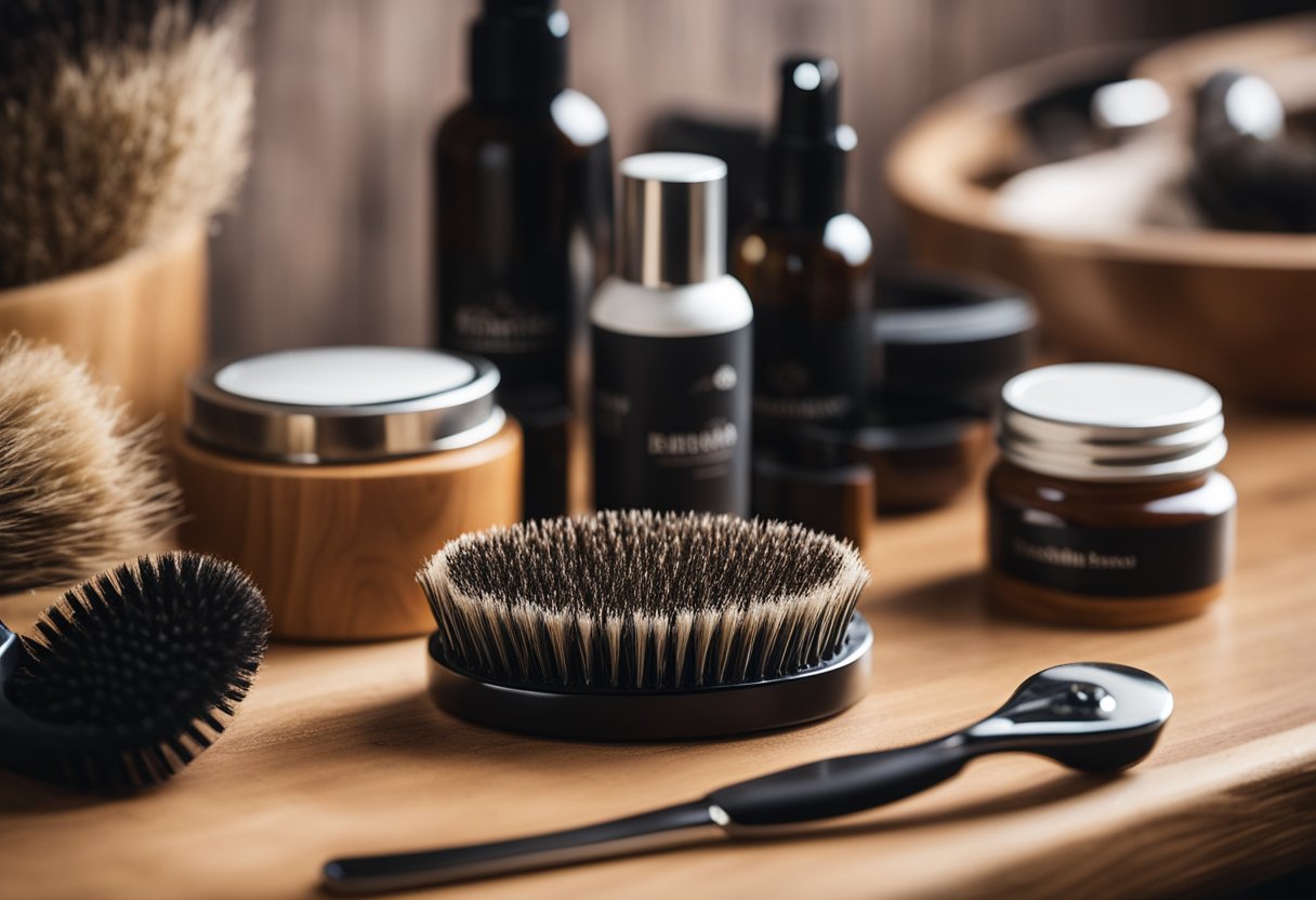 A beard brush sits on a wooden countertop, surrounded by various beard grooming products. The brush's bristles are neatly arranged, and the handle is made of polished wood