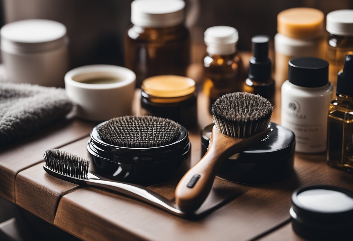 A well-groomed beard being brushed with a high-quality beard brush, surrounded by various skin and beard care products