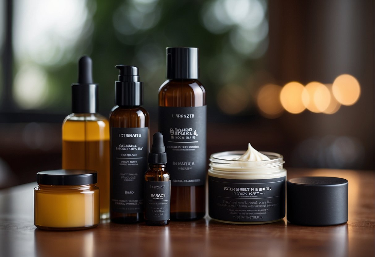 A man's hand holding a bottle of natural beard care products with green leaves and herbs in the background