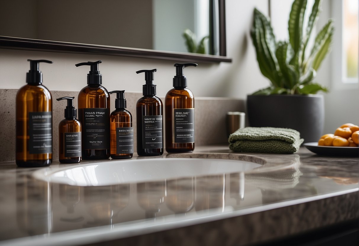 A man's bathroom counter with natural beard care products and healthy lifestyle items