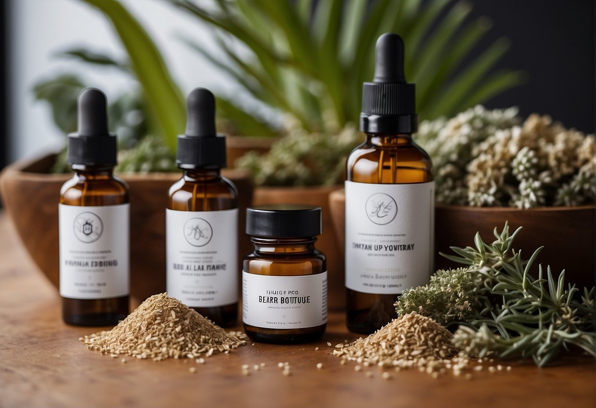 A variety of natural products for healthy beard growth are displayed with accompanying solutions to common problems in bio beard care