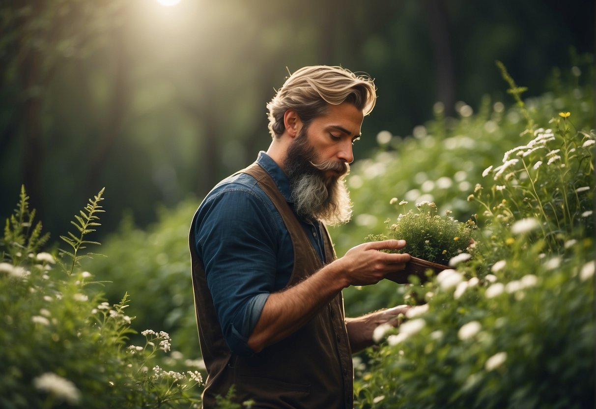 A lush green forest with a bubbling stream, surrounded by wildflowers and herbs. A bearded man with a healthy, vibrant beard is tending to the plants, harvesting them for natural beard care products