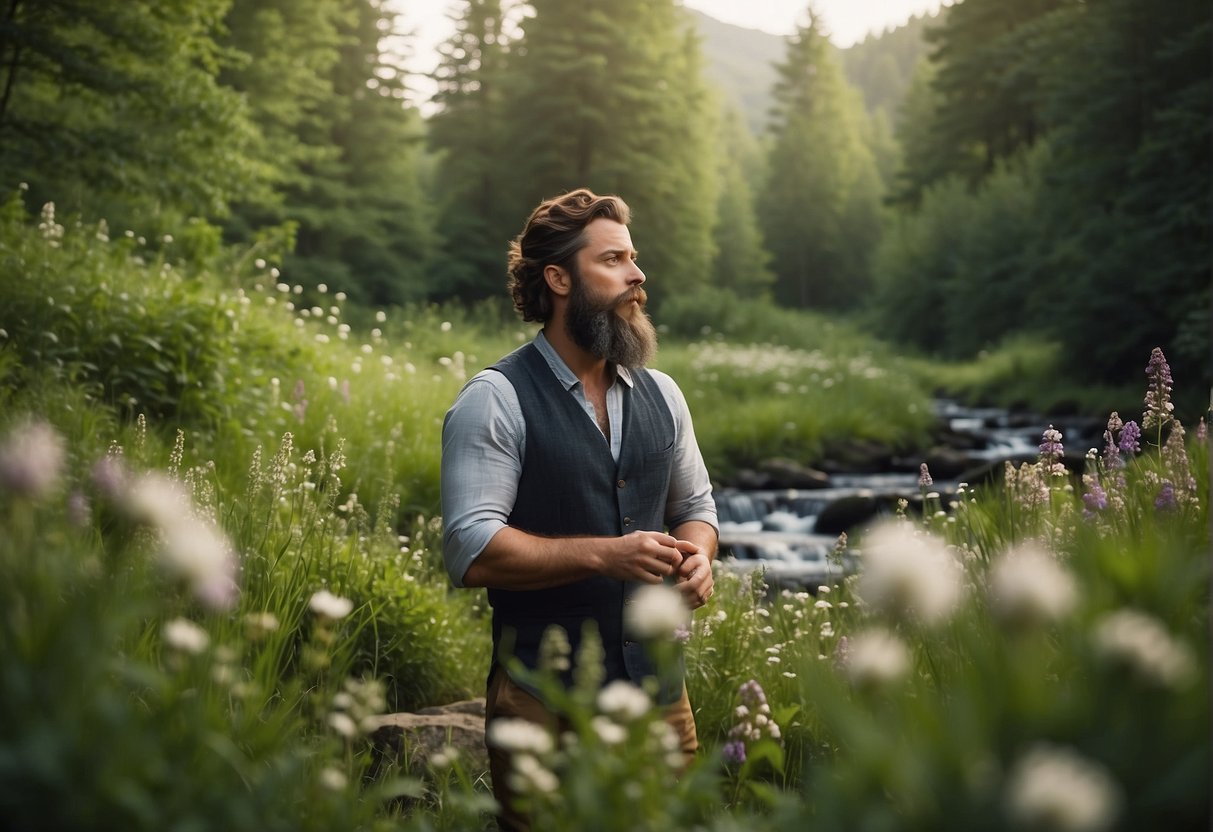 A lush green forest with a stream, surrounded by wildflowers and herbs. A bearded man is seen using natural products on his beard, promoting healthy growth