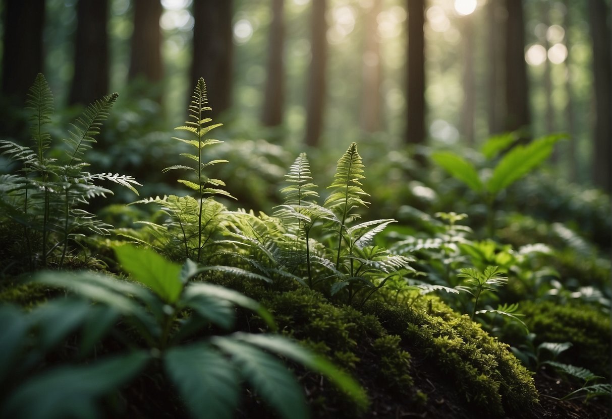 A lush forest with a variety of wild plants and herbs, showcasing the natural ingredients used in organic beard care products