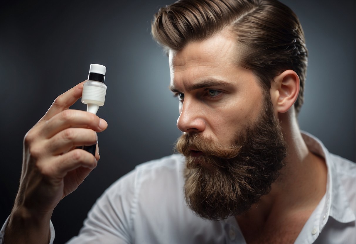 A hand applying soft beard care products to a smooth beard