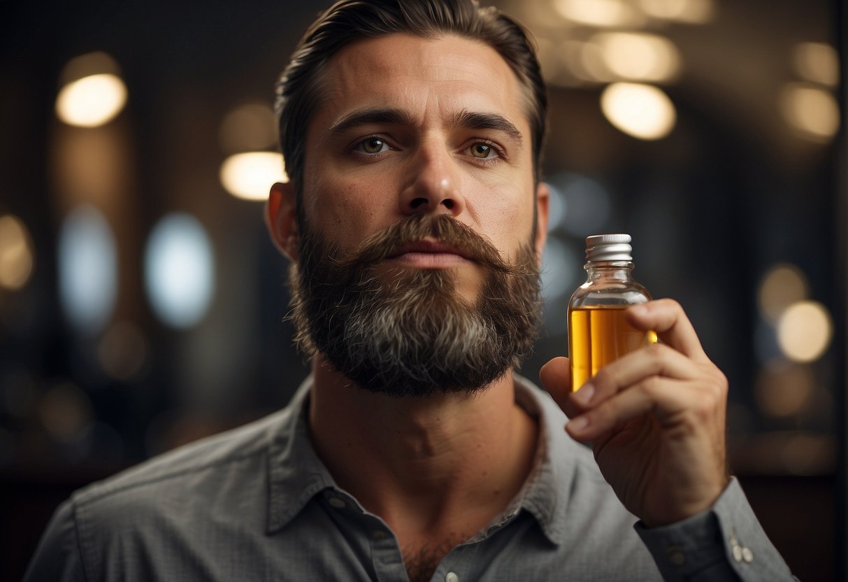 A man's daily beard care routine: applying oil to soften beard