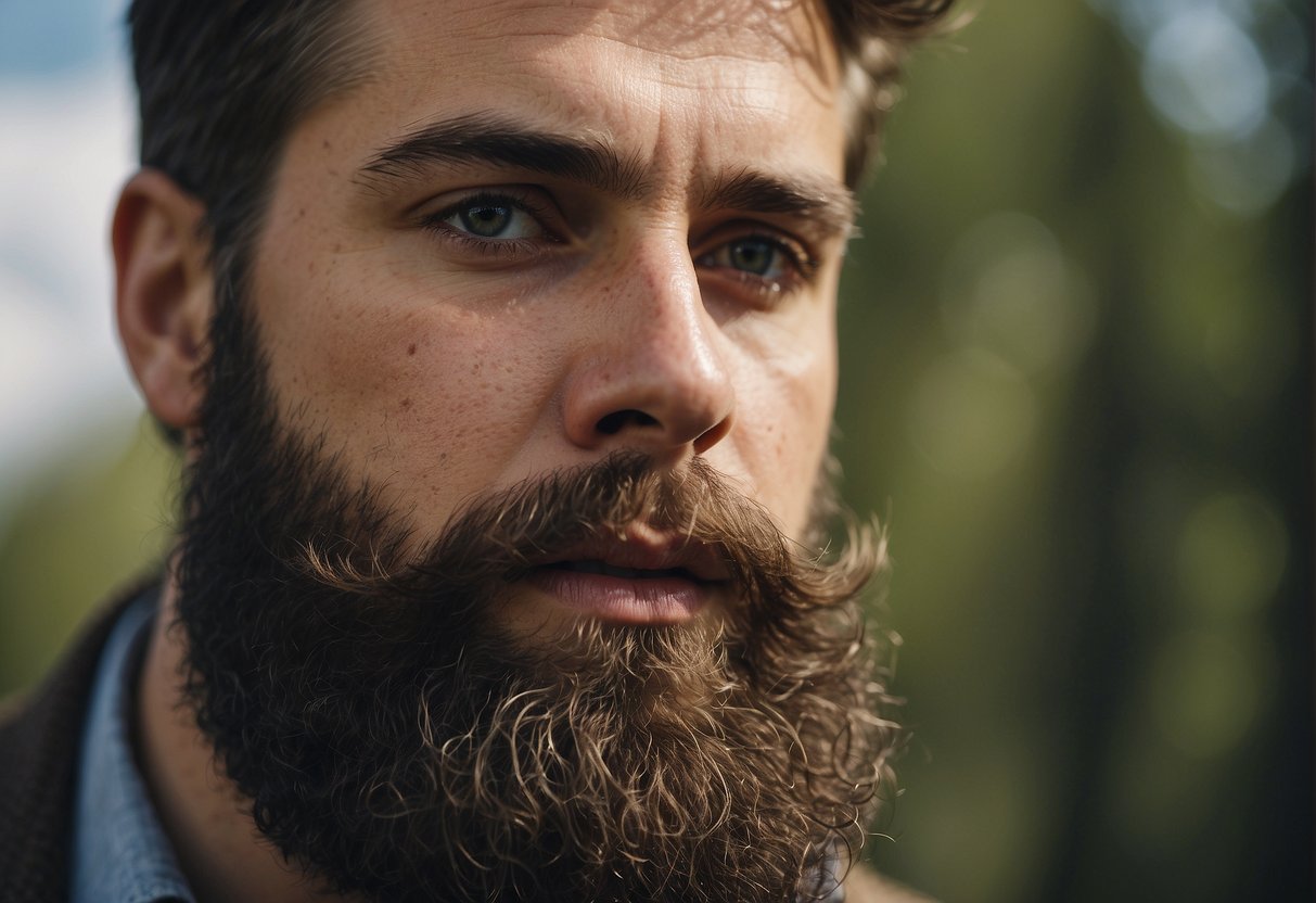 A man's soft beard being influenced by environmental factors