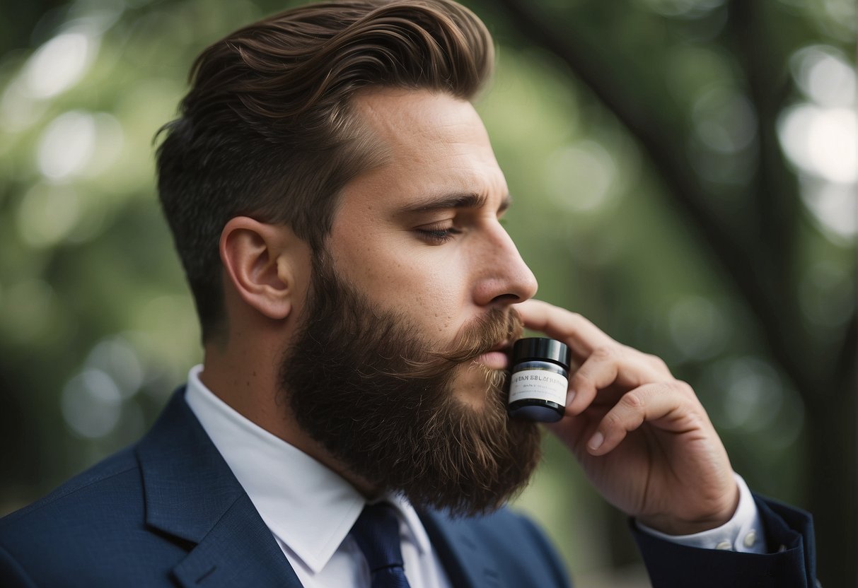 A man grooms his soft beard with beard care products