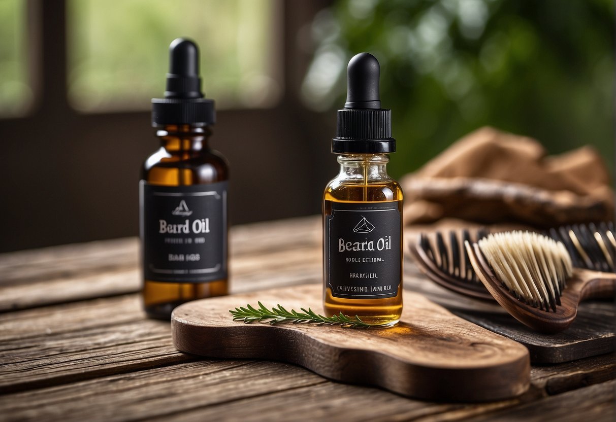 A bottle of beard oil sits next to a comb on a wooden surface, with a soft, well-groomed beard in the background