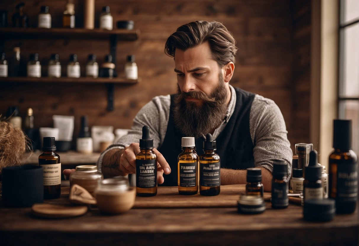 A man gently applies beard oil to his soft beard, surrounded by various beard care products and a list of frequently asked questions about beard care