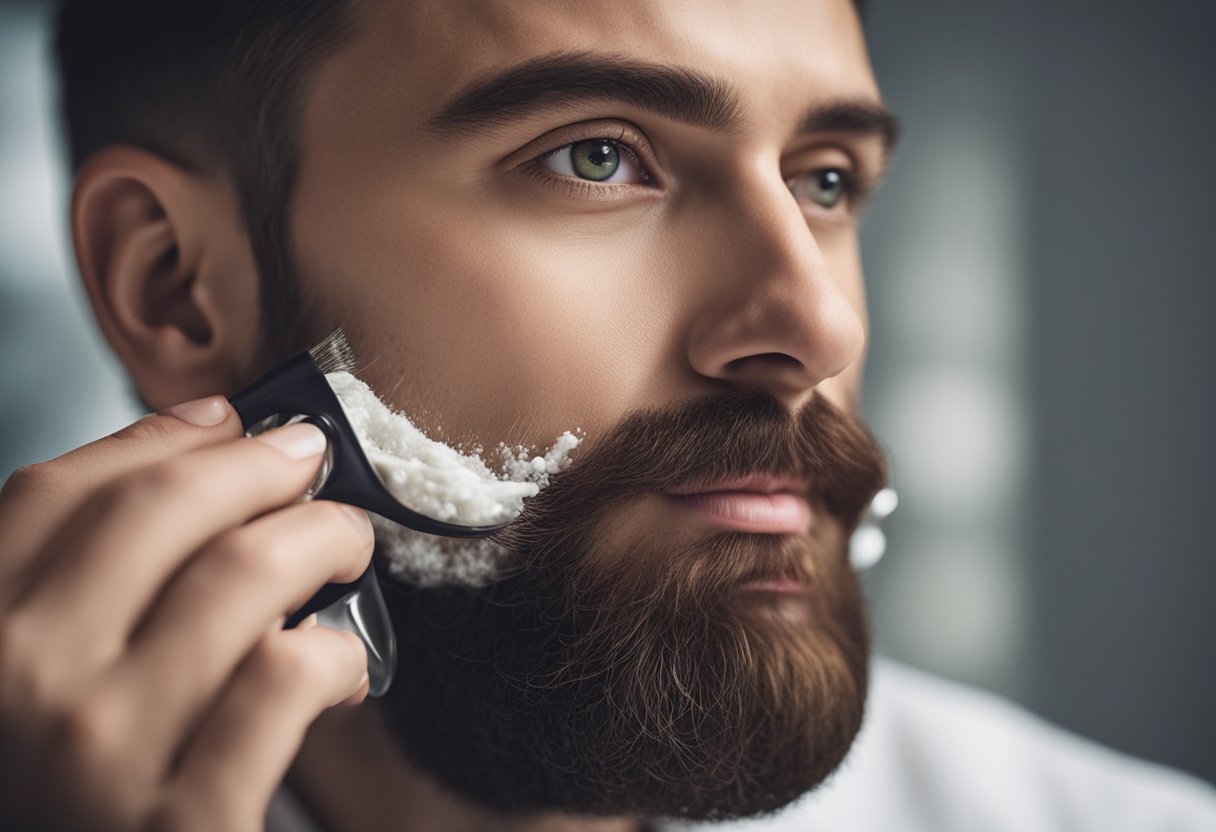 A person gently applying sensitive skin beard care products to a clean-shaven face