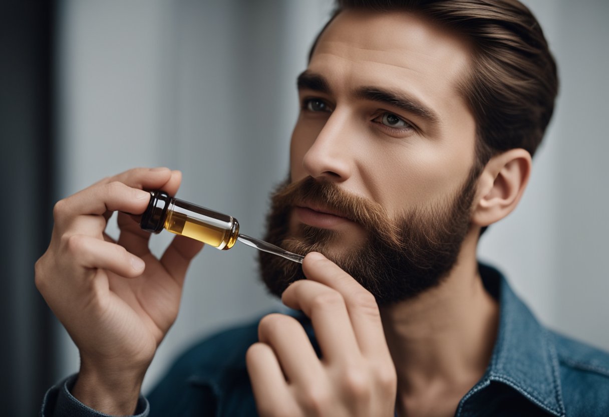 A bottle of sensitive skin beard care products on a wooden shelf with a soft towel and a comb nearby