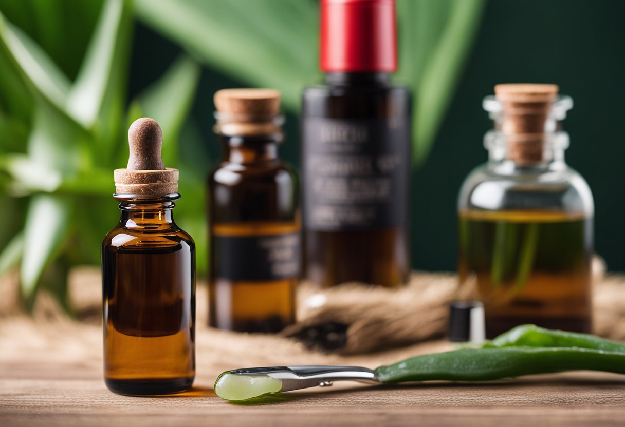 A man's daily beard care routine for sensitive skin. Products and tools laid out on a clean countertop