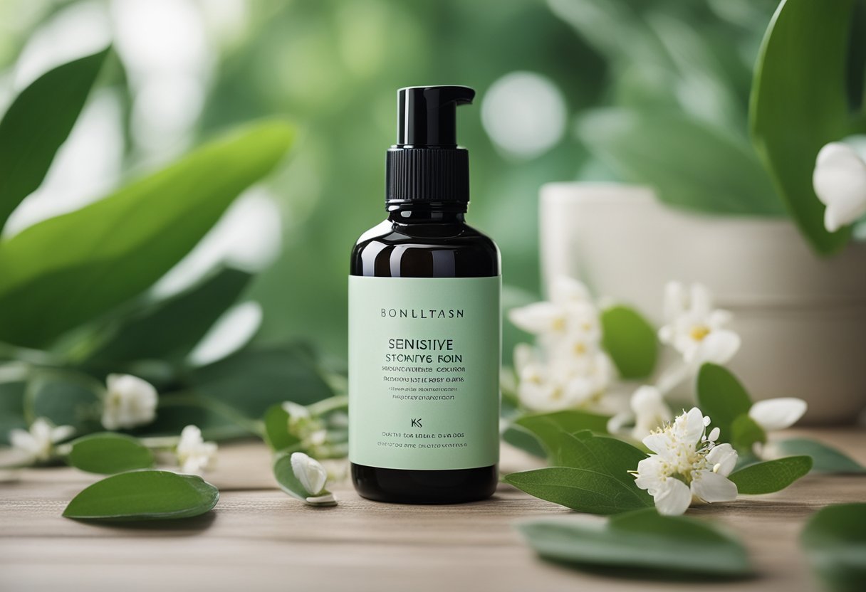 A bottle of sensitive skin beard care products surrounded by calming botanicals and a soothing color palette