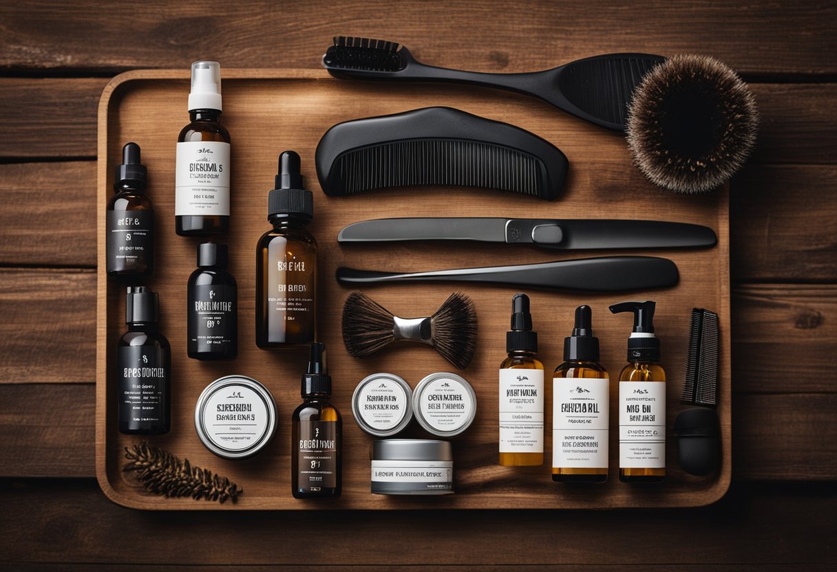 A man's grooming kit with beard oil, comb, and moisturizer on a wooden surface. Gentle, natural products for sensitive skin