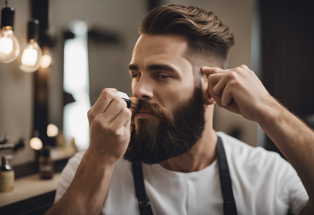 A bearded man's daily grooming routine: applying beard oil, combing through with a wide-toothed comb, and shaping with a boar bristle brush