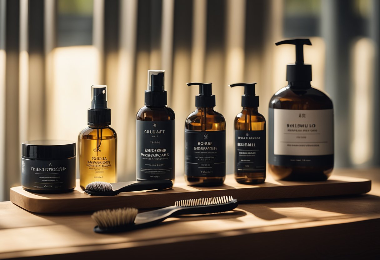 A bearded man's grooming products arranged neatly on a wooden shelf, with a comb, oil, and brush. Sunlight streams through a window, casting a warm glow on the items