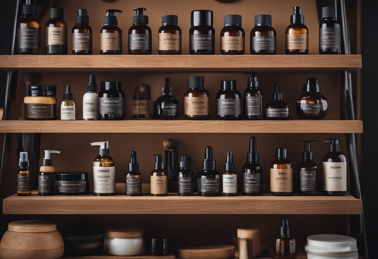 A collection of beard care products arranged on a wooden shelf, including oils, combs, and brushes. A mirror reflects the products, adding depth to the scene