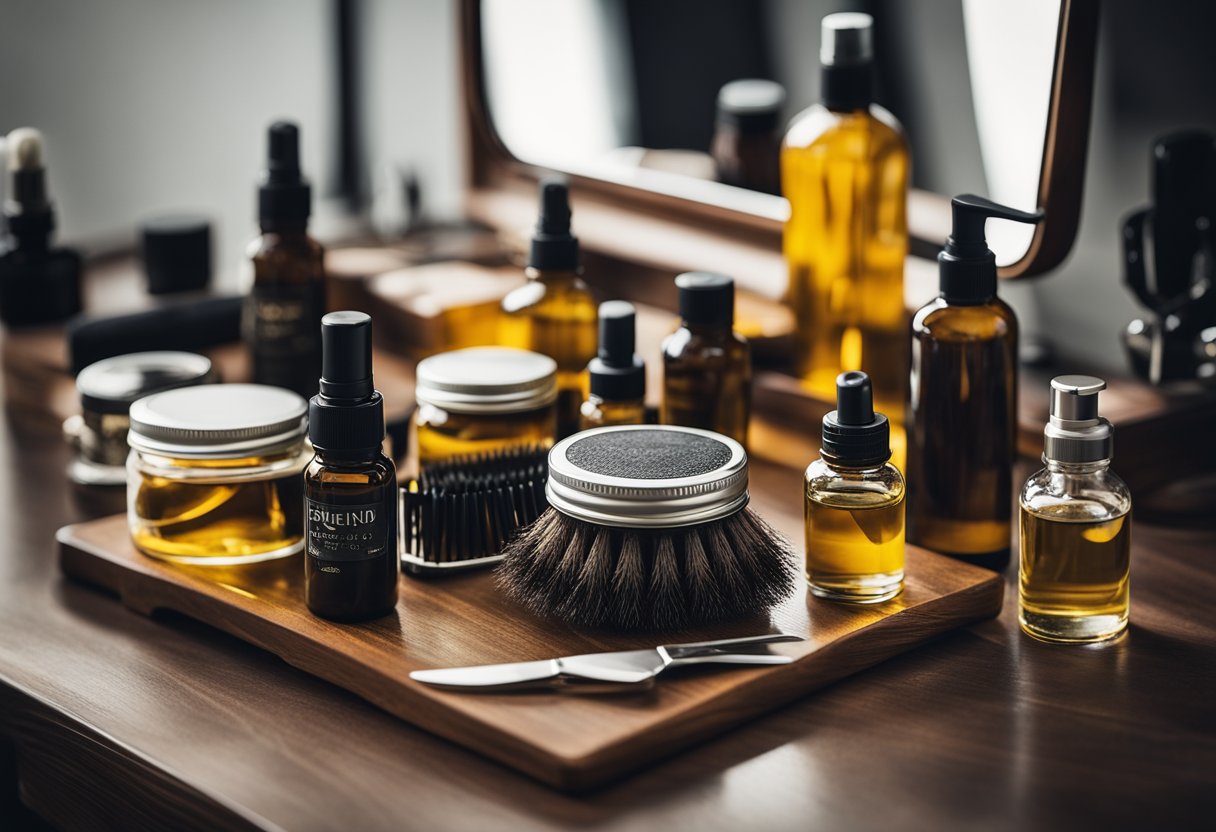 A table with various beard grooming products, including oils, combs, and scissors, arranged neatly. A mirror reflects the products, with a lush, long beard in the background