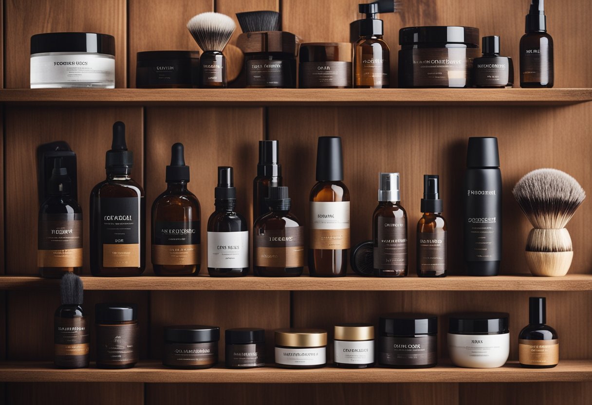 A well-groomed beard with various grooming products and tools neatly organized on a wooden shelf